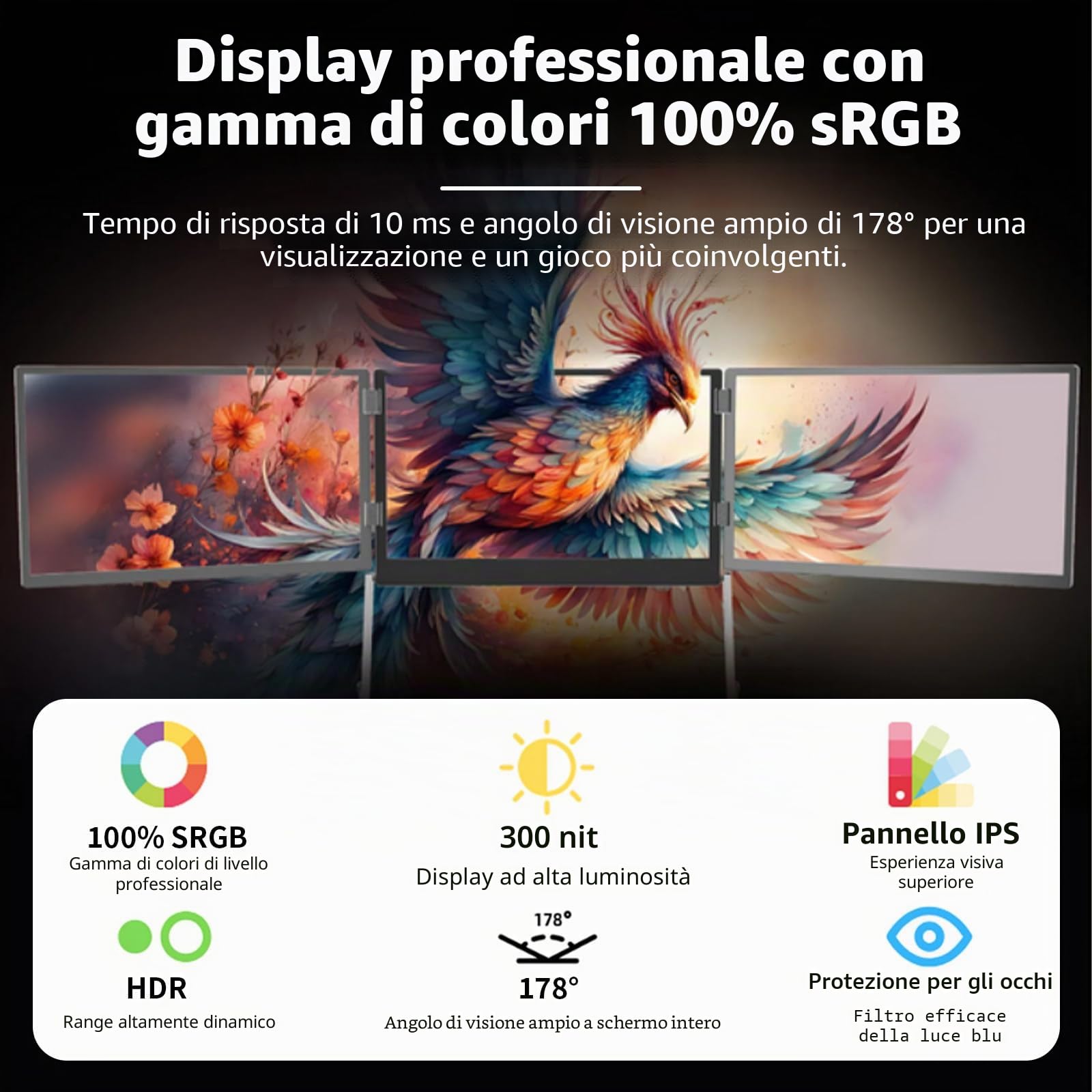 15,6" Extender per Schermo Triplo, Monitor Portatile Fhd 1080p per Laptop, USB-C HDMI, Extender Monitor Plug-Play per Triplo Schermo, per Mac/Windows, per Laptop da 13"-17,3"