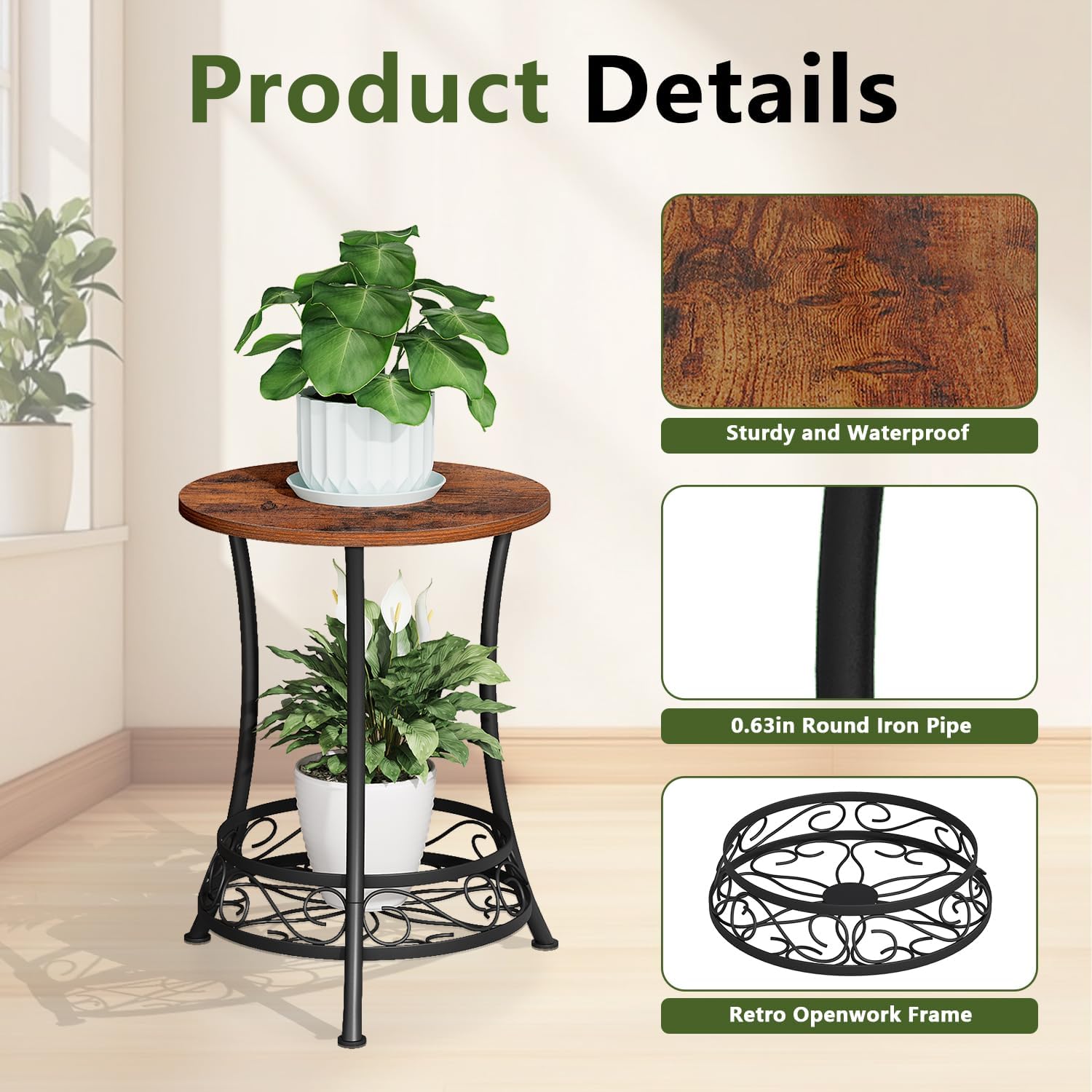 YINMIT Plant Stand Indoor, Metal Wood Plant Stand, Corner Flower Pot Holder Shelf, Small Plant Tables Indoor for Living Room Balcony Garden Patio (Rustic Brown, 2 Tier)