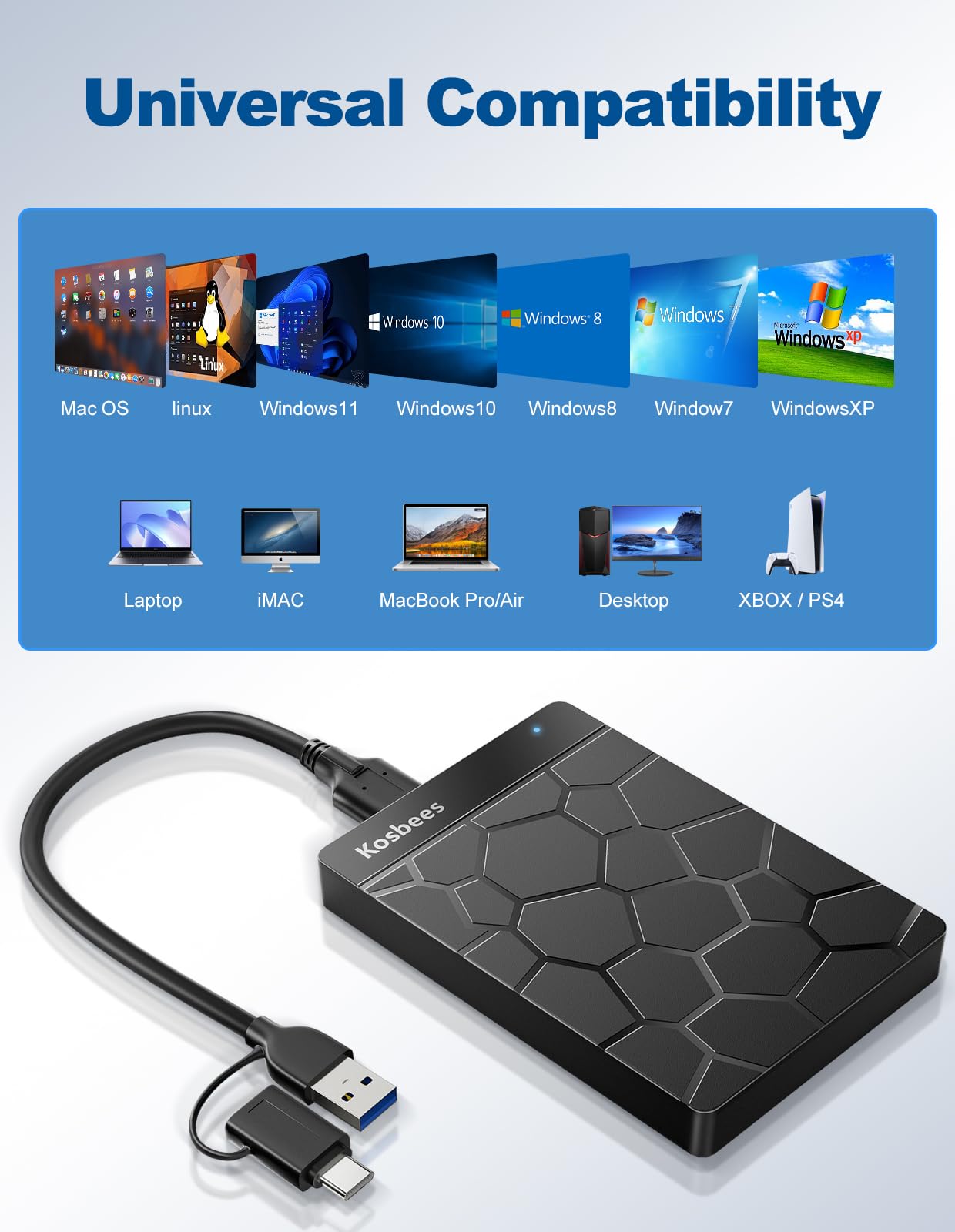 Hard disk esterno da 500 GB, hard disk portatile per Windows, ultra sottile, compatibile con PC, Mac, laptop, PS4, Xbox one, Xbox 360; pronto all'uso