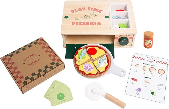 Pearhead Wooden Pizzeria Play Food Set, 38-Piece Pizza Oven Toy | Montessori Pretend Kitchen Accessories, Pizza Toppings, Preschool Learning Toys for Toddlers, Ages 3+