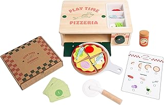 Pearhead Wooden Pizzeria Montessori Pretend Play Food Set, 38-Piece Play Kitchen Accessories, (38 Pcs) Toy Pizza Oven with Pizza Toppings Food Set, Preschool Toys for Toddlers, Ages 3+ Years