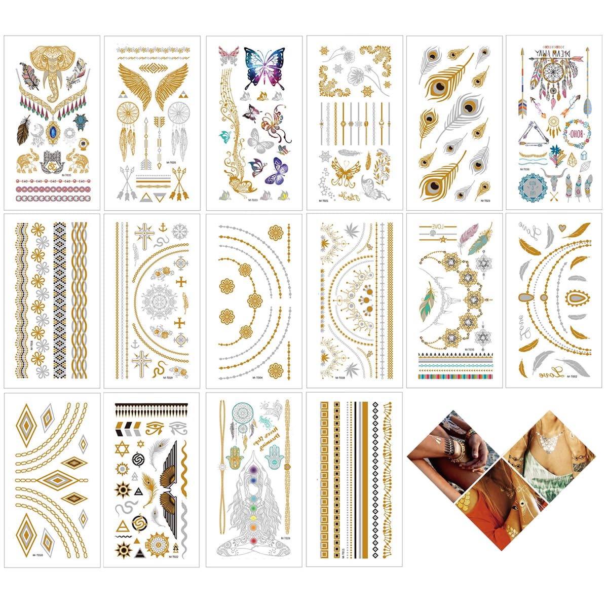 Metallic Temporäres Tattoo – 16 Blätter Musik Festival Flash Gold Temporäre Tattoos für Frauen, 200 Designs Wasserdichter goldener Tattoo-Aufkleber für den Körper von Mädchen