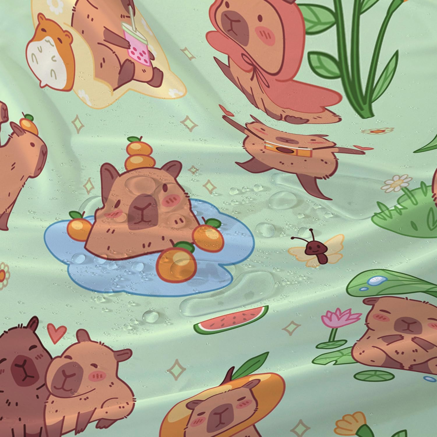 AILONEN Kawaii Capybara Shower Curtain Set,Boys Girls Cartoon Cute Capybara Bathroom Decor for Kids Teens,Grass Green Watercolor Waterproof Shower Curtain with Hooks,72" Wx72 H
