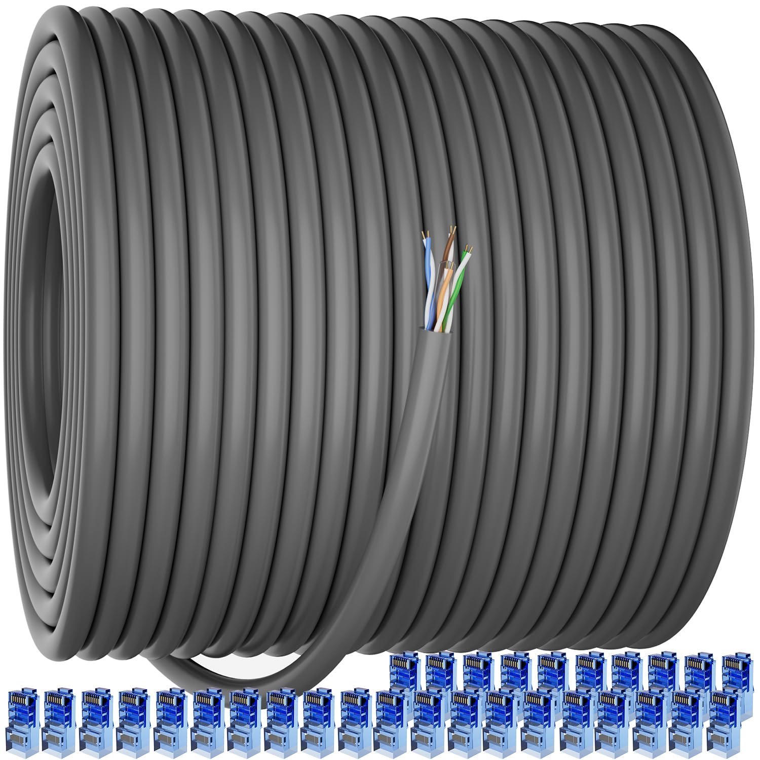 Soibke Câble Ethernet d'extérieur Cat 6 de 152,4 m (30RJ45), câble Ethernet 23 AWG Cat 6 en vrac, UTP, imperméable, enfouissement direct, dans la terre, résistant aux UV, réseau, LAN, Internet, câble