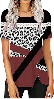 DABAOK Womens Tops Casual Short Sleeve Block Color T Shirt Casual Tunic Crew Neck Irregular Hem Shirts Tunic Comfortable Summer Clothes Sale Clearance