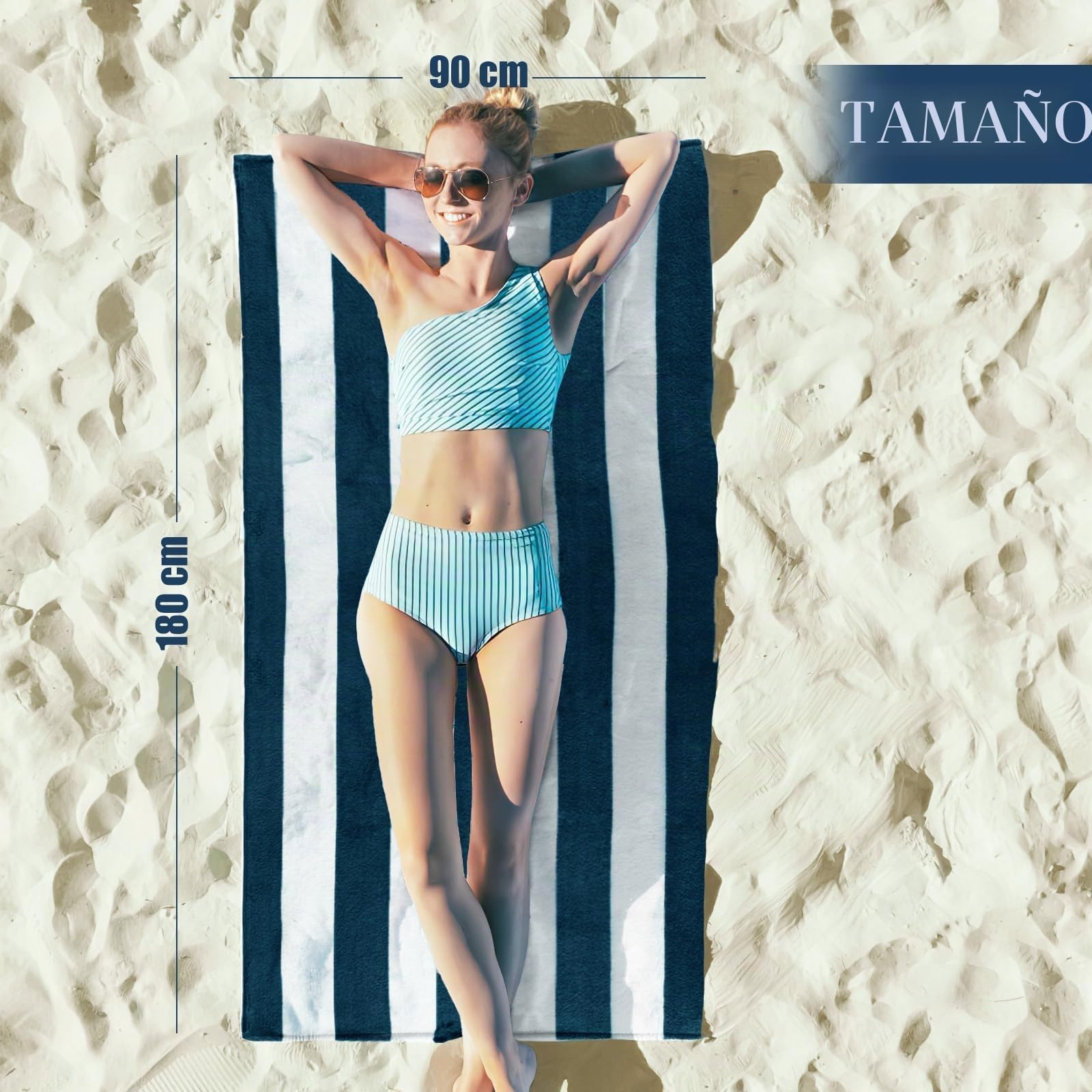 Toalla de Playa Grande Algodón, Toalla de Baño Piscina, 90 x 180 cm, Suave, Ligera y Absorbente, Juego de 2 Unidades, Azul Marino