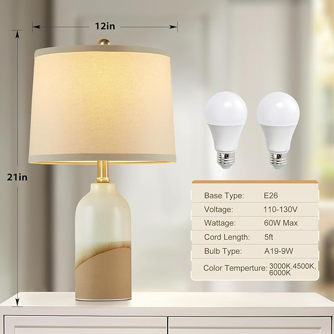 Luvkczc Luvkczc Ceramic Table Lamps Set of 2, 3-Color Temperature Adjustable Bedside Lamps with Line Lampshade, Nightstand Lamps for Bedroom, Living Room, Entryway Home Decor, Modern Table Lamps photo 5