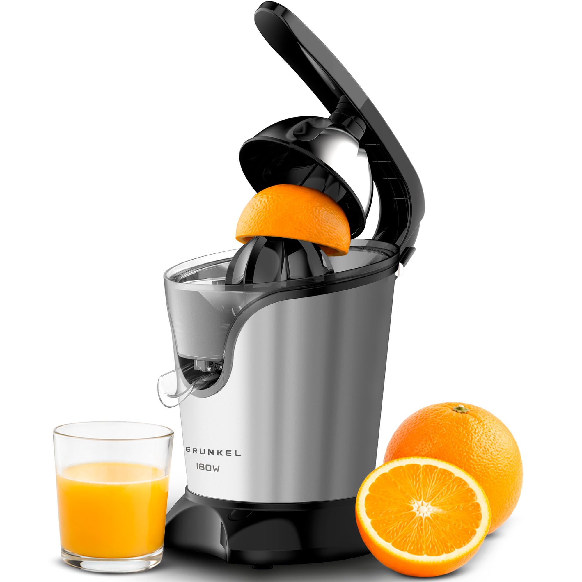 Exprimidor de GRUNKEL XP-200 PAD, 180W, cuerpo inox, depósito 0,5 L, filtro inox, Start/Stop con palanca, potente y resistente.