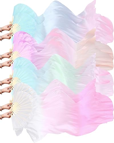 Thyle 4 pares de velos de seda artificial de 1.8 M para mujeres, fanáticos de danza del vientre, abanicos de bambú largos nacionales de colores para