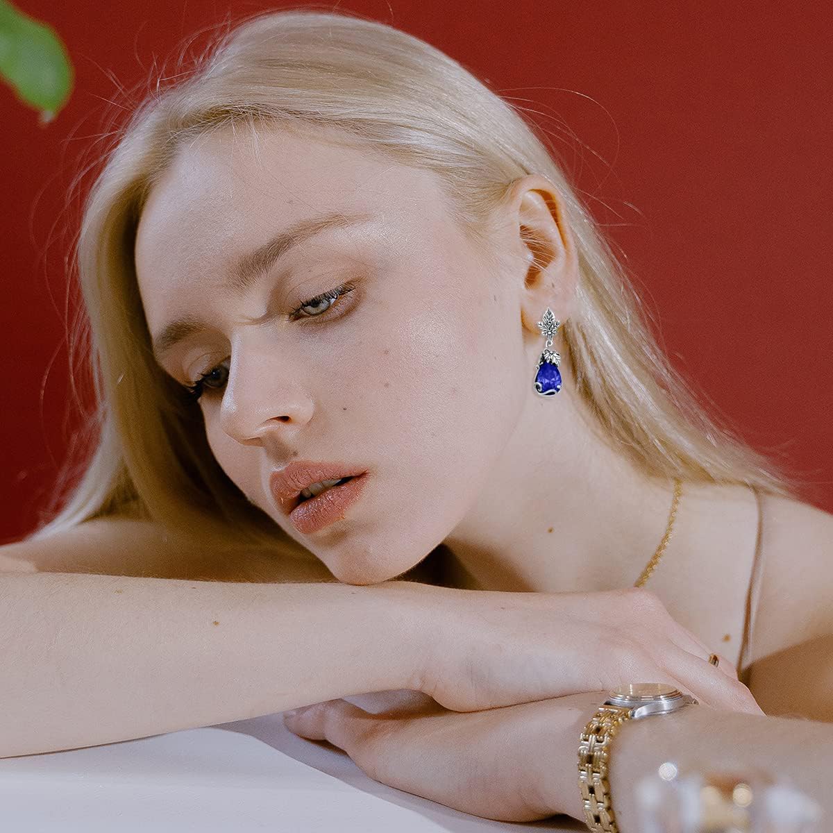 925 Sterling Silver Vintage Leaf Nature Style Teardrop Dangle Earrings with 14 mm Birthstone Gemstone Anniversary Jewelry Gifts for Women Her Wife - Image 2