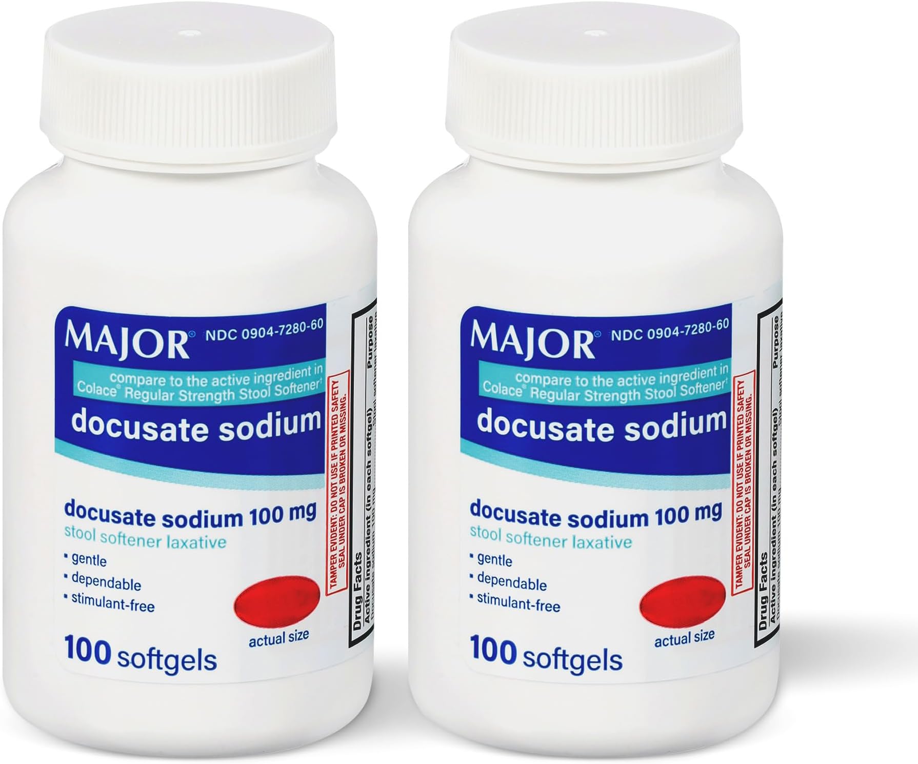 MAJOR Docusate Sodium 100mg Softgels, Stool Softener Laxative for Occasional Constipation Relief - Gentle, Dependable, Stimulant-Free, 100 Count (2-Pack)