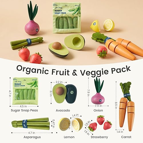 Miniatura 6 de Tiny Land Juego de verduras y frutas de madera orgánica, 7 piezas de comida de simulación para niños, juguete de cocina Montessori para niños