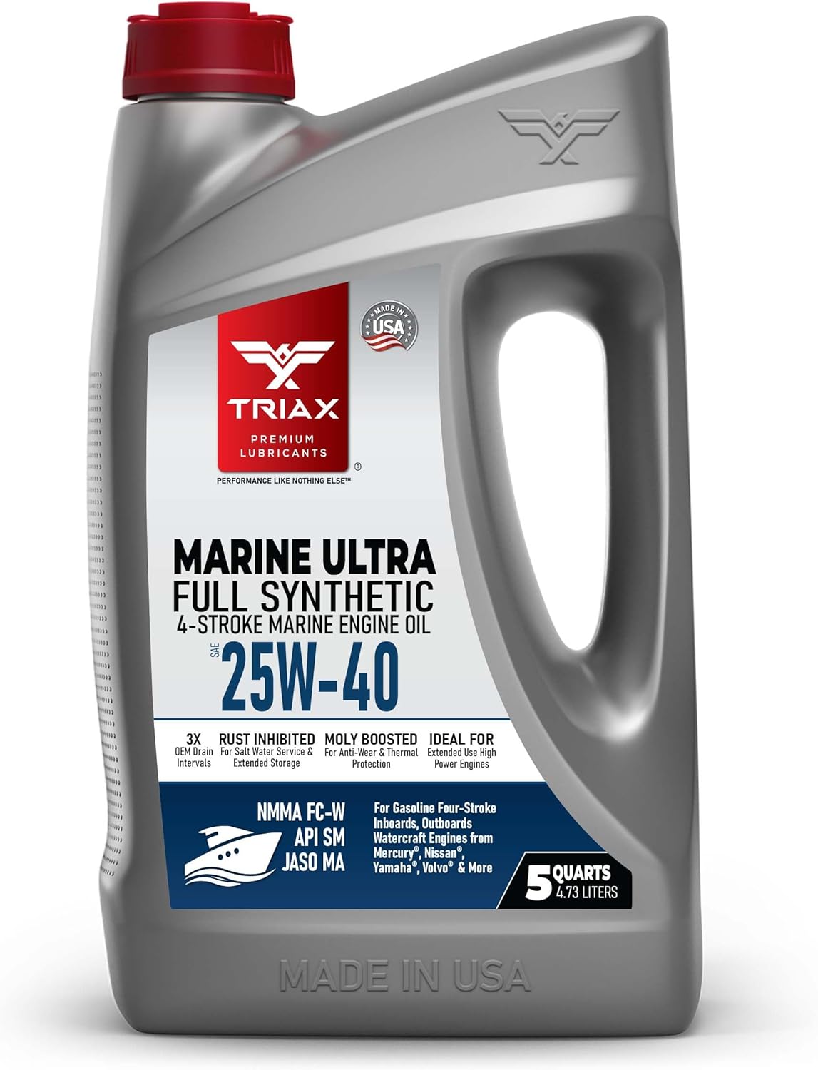 TRIAX Marine Ultra 25W-40 Full Synthetic 4-Stroke Engine Oil, NMMA FC-W, JASO MA | For all Inboard, Outboards, Personal Watercraft, and Supercharged Marine Engines (5 Quart)