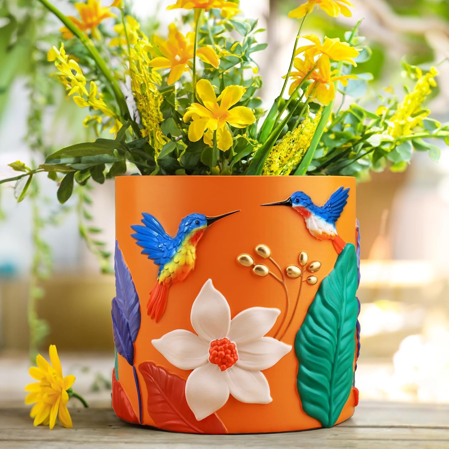 GUGUGO Colorful Hummingbird Plant Pots, Cute Unique Succulent Animal Planters with Drainage, Rainbow Small Flower Pots for Indoor Plants, Funny Eclectic Home Décor Gift for Plant Lovers, Orange