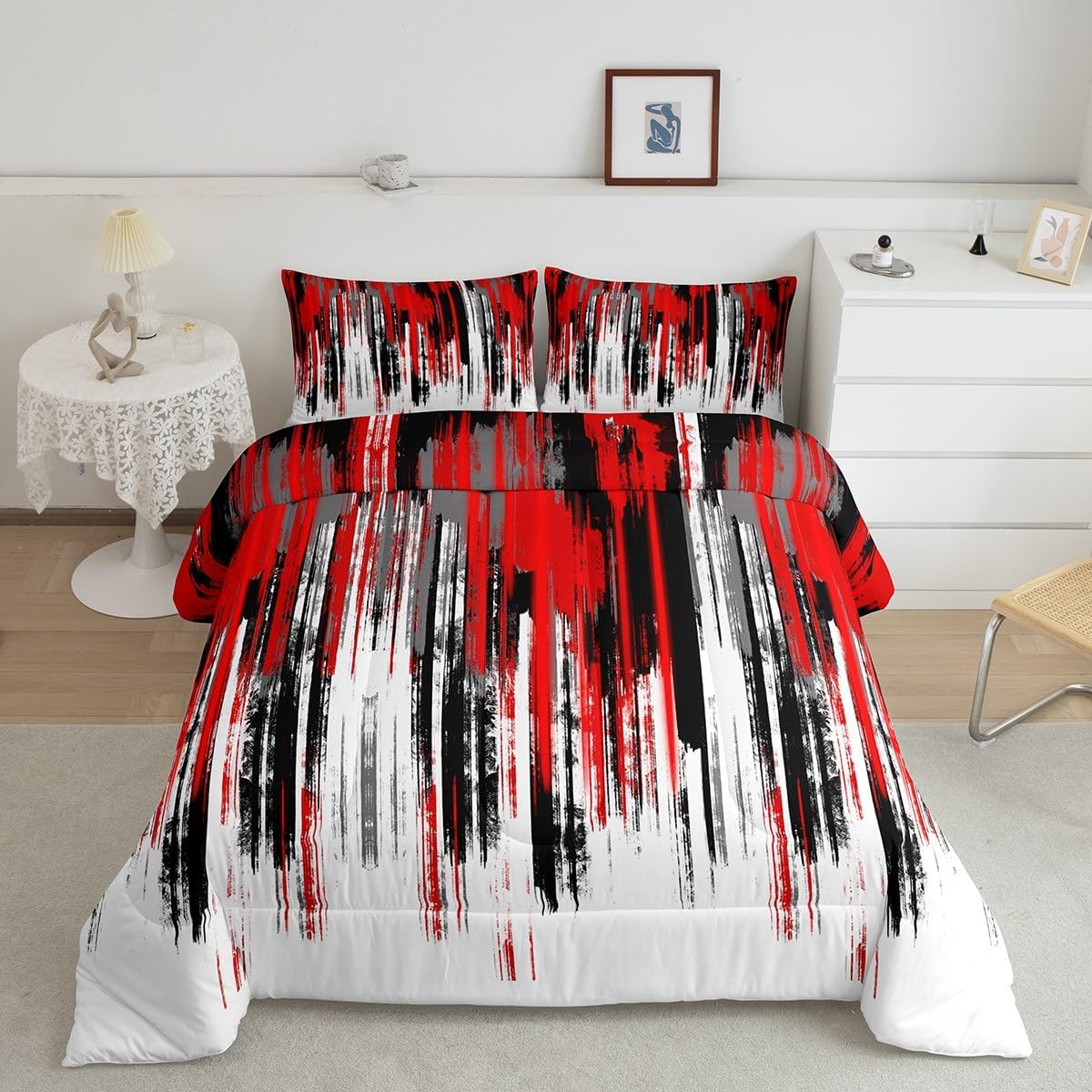 Feelyou Red White Black Bedding Set Kids Stripes Reversible Comforter Set Geometric Comforter for Room Decor Modern Abstract Art Duvet Set King Size with 2 Pillow Case Multi 03 King
