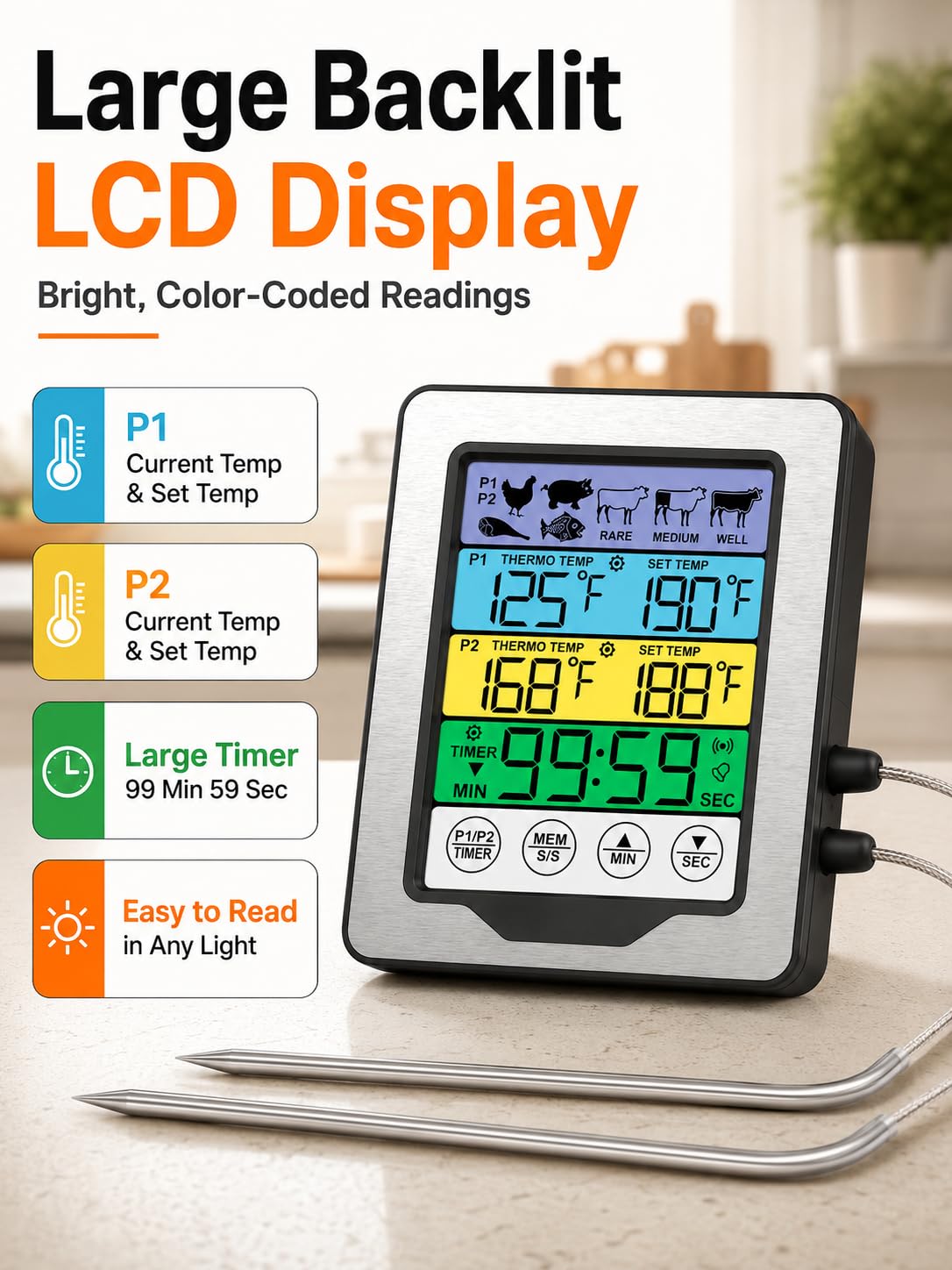 0-300℃/32-572℉ Termometro Digitale con Sonda, Termometri da Cucina, Termometro da Forno con Timer e Schermo Touch a Colori, per Cottura BBQ Alimenti Carne Forno Arrosto Griglia