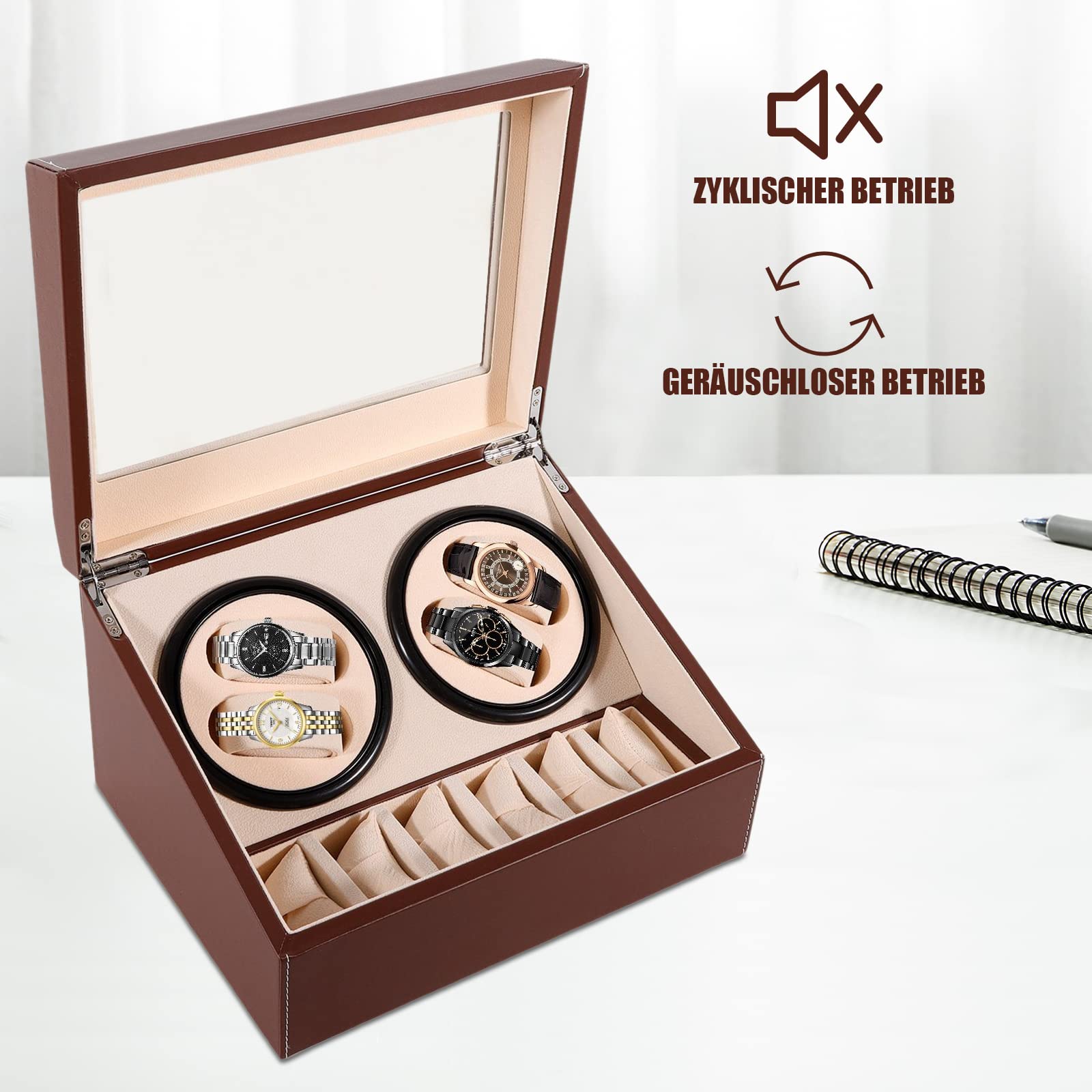 Futchoy Rotomat do zegarków automatyczny rotomat 4 + 6 pudełko na zegarki Watch Winder do zegarków automatycznych, brązowy