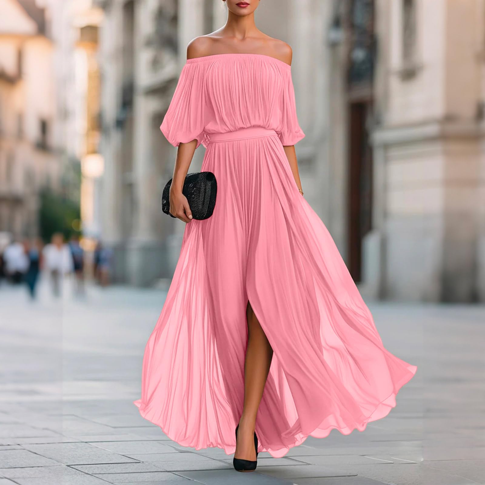 Chiffonkleid Damen Festlich Maxi Abendkleider Elegant Für Hochzeit Mit Ärmel Sommerkleid Damen Lang Schulterfrei A Linie Kleid Hochzeitsgast Sommerkleider Frauen Leicht Und Luftig Ballkleid