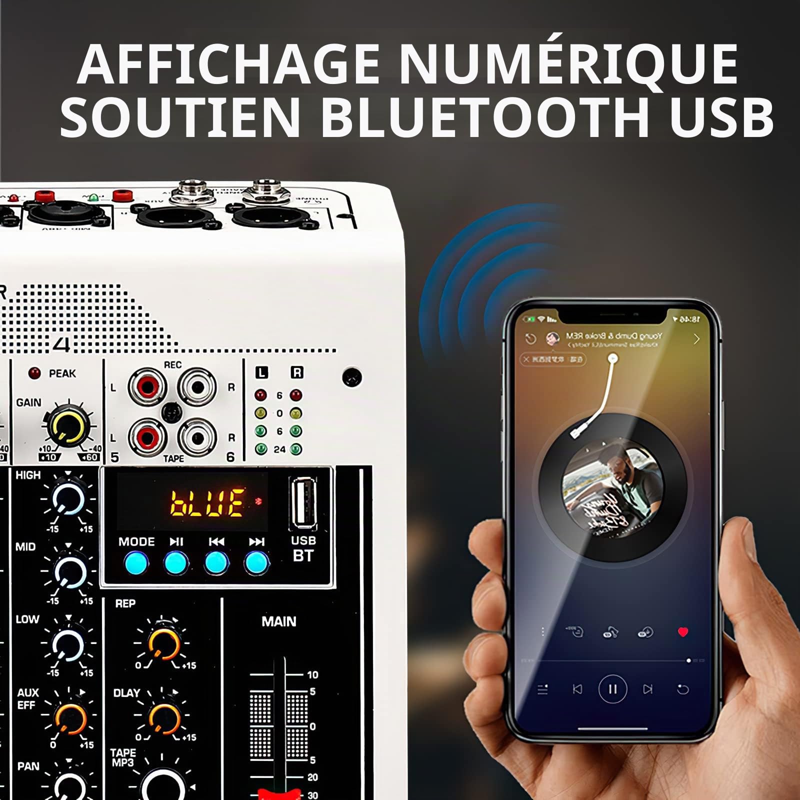 4 Canaux Table de Mixage Audio Console de Mixage Compacte, Console Son Mixeur Audio DJ Avec FX Reverb Retard Effets Et Alimentation Fantôme 48V Partageable Bluetooth ou MP3 avec Interface USB Audio
