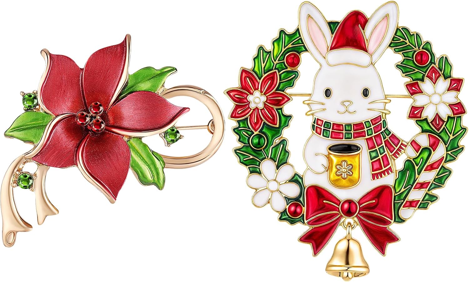 Christmas Wreath Bunny and Poinsettia Brooch Bundle