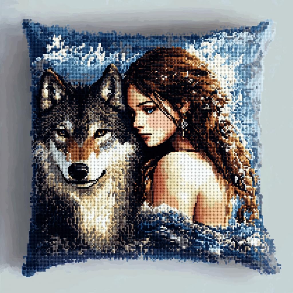 Taxpy Kit ganci di chiusura fai-da-te Lupo animale e ragazza Kit per cuscini con ganci di chiusura Kits Da Ricamo Con Gancio Per Cuscino Kits con gancio a scatto 43x43cm