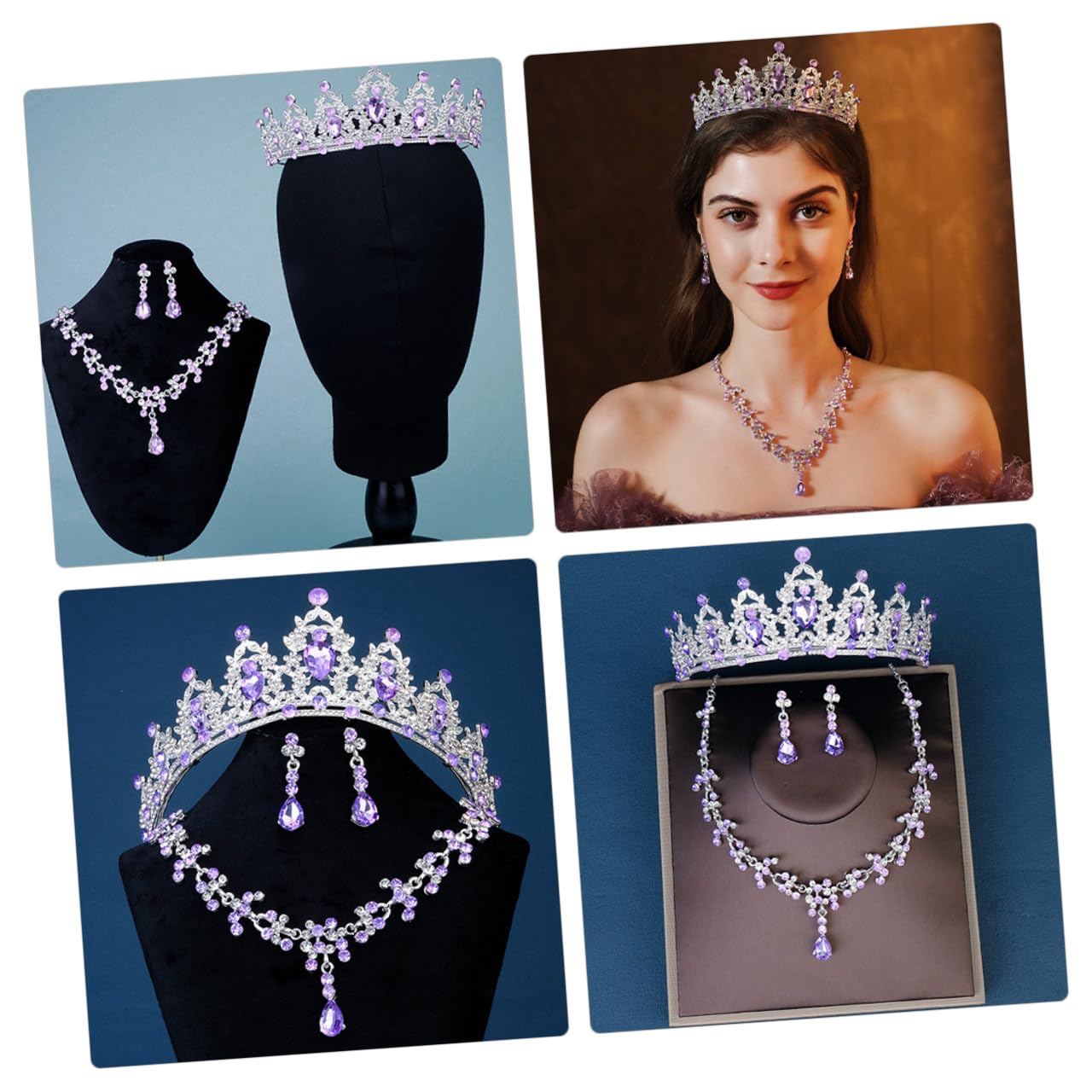 VALICLUD Conjunto de Joyas de Novia Collar Dijes para Mujer Pendientes Colgantes de Gemas de Imitación Tiara de Joyas para Boda