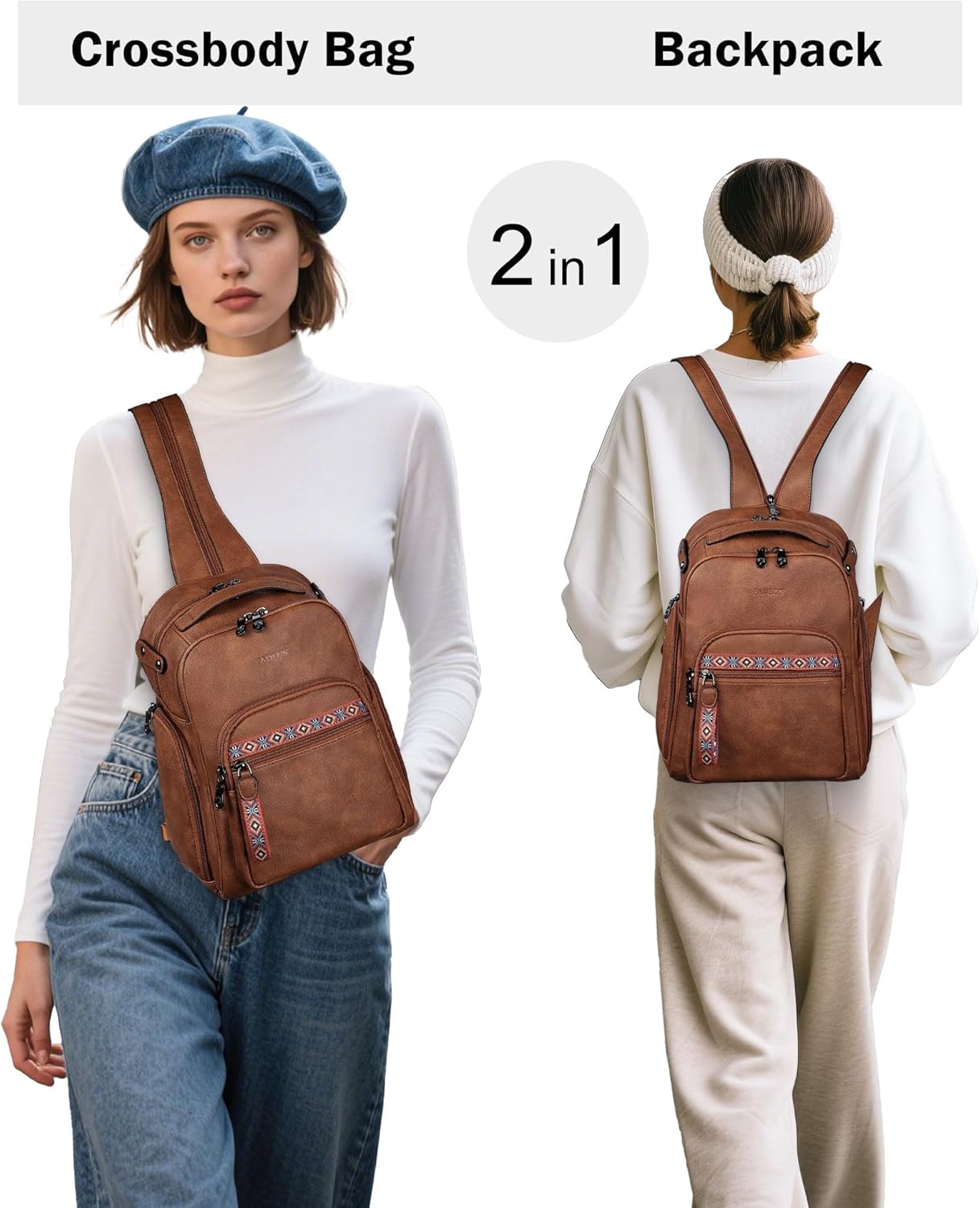 FADEON Large Sling Bag for Women, Designer Leather Crossbody Purse Convertible Sling Backpack, Anti Theft Daypack for Travel - Image 2