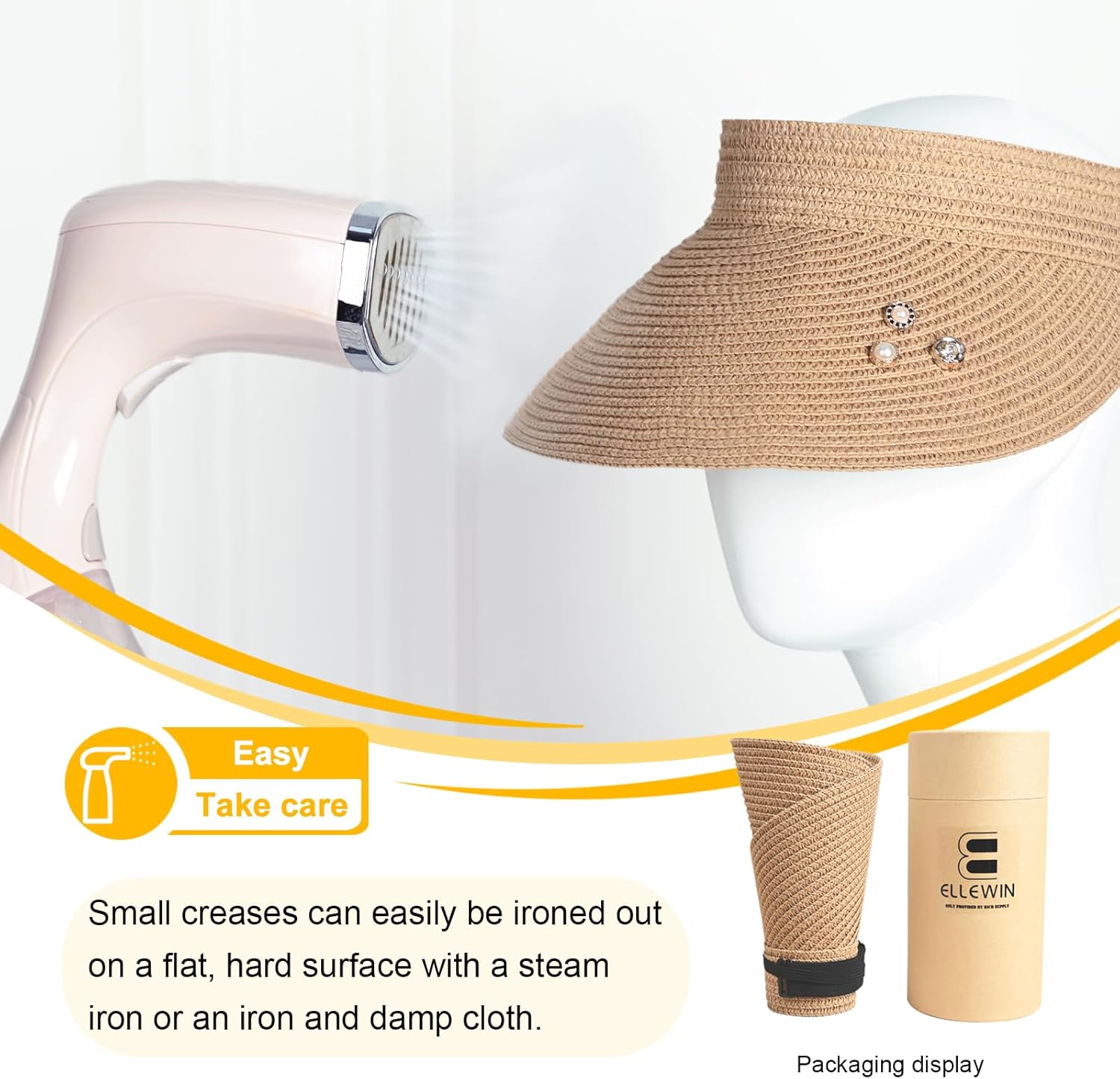 ELLEWIN Women's Wide Brim Sun Visor Hat - Roll Up Straw Ponytail Packable Beach Visor - Image 5