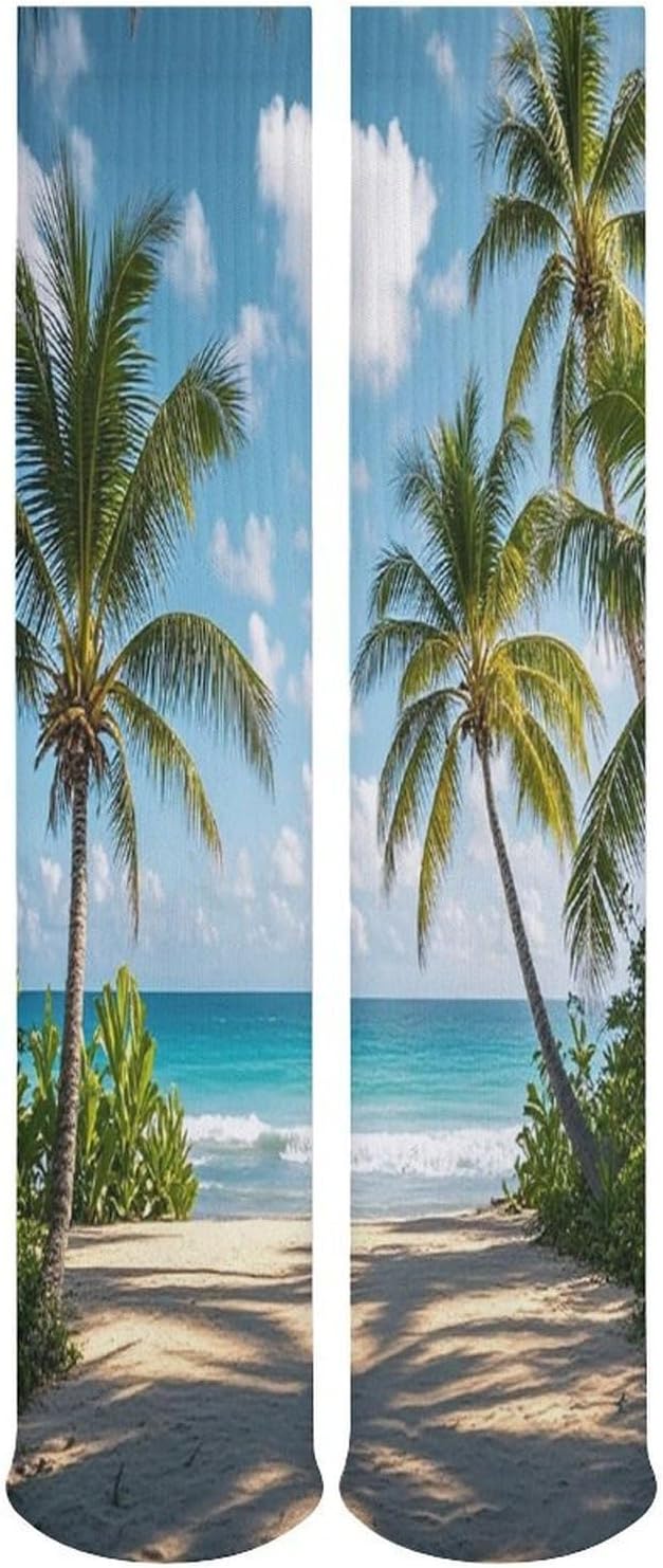 Green Palm Trees Ocean Crew Socks Cozy Casual Calf Socks Lightweight Long Work Sock Breathable Athletic Sock for Hiking Sports Running 5 Pairs