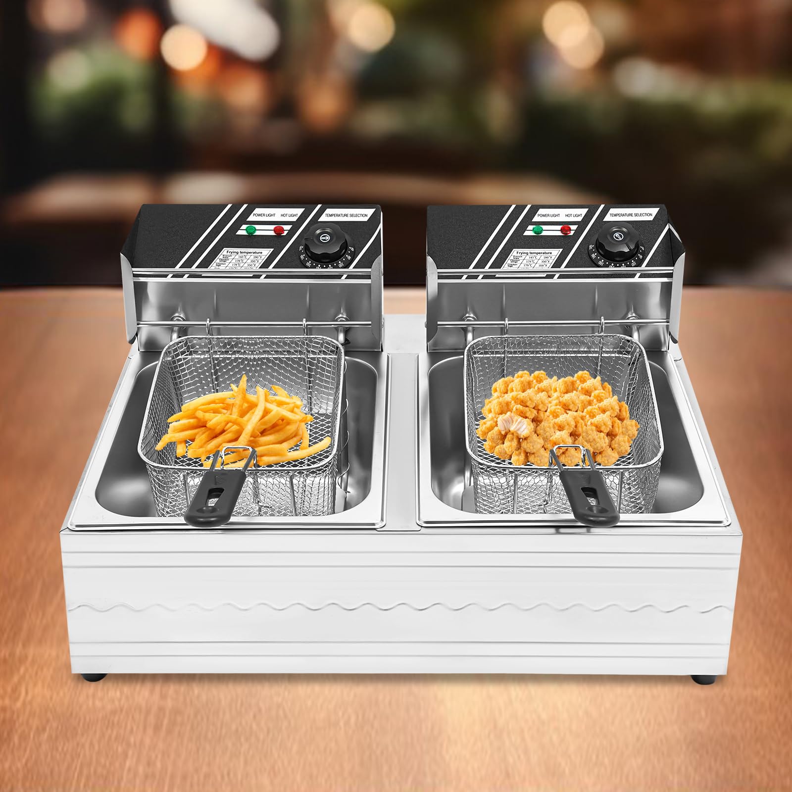 Friggitrice Elettrica Commerciale 2 Vasche da 12 L 2,5 KW Friggitrice ad Olio in Inox con 2 Cesti per Friggitrice e Tempo Regolabile 60-200 °C per Rondelle di Cipolla fritta di Pollo Snack Bar
