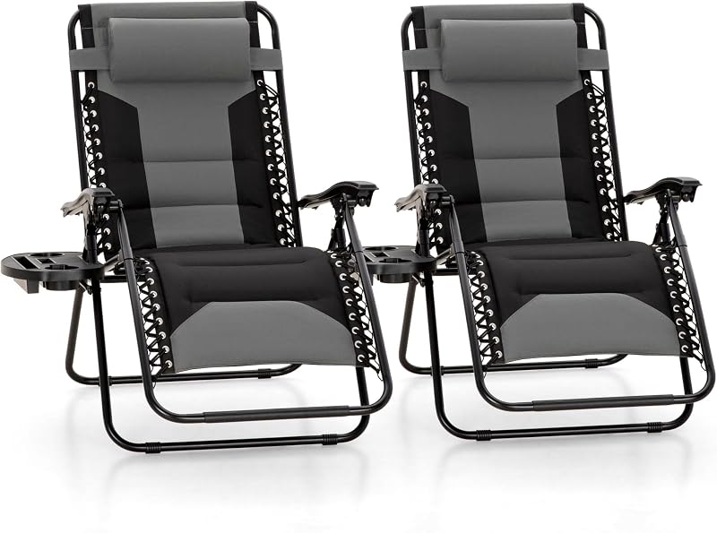 MFSTUDIO Padded Zero Gravity Chair, Cup Holder, Set of 2, 28in Seat, Grey