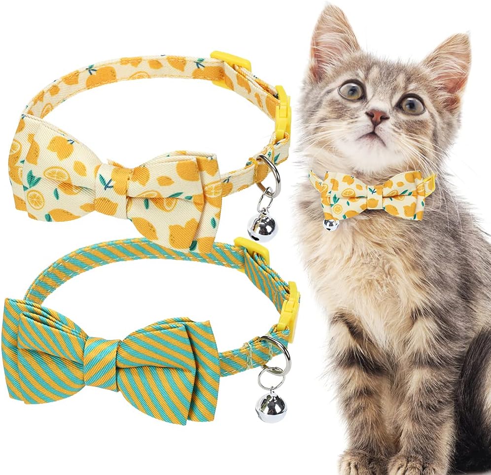 PAWCHIE Bow Tie Cat Collar with Bell - 2 Pack Adjustable Breakaway Cute Kitten Collars with Detachable Bowtie, Kitty Safety Collars