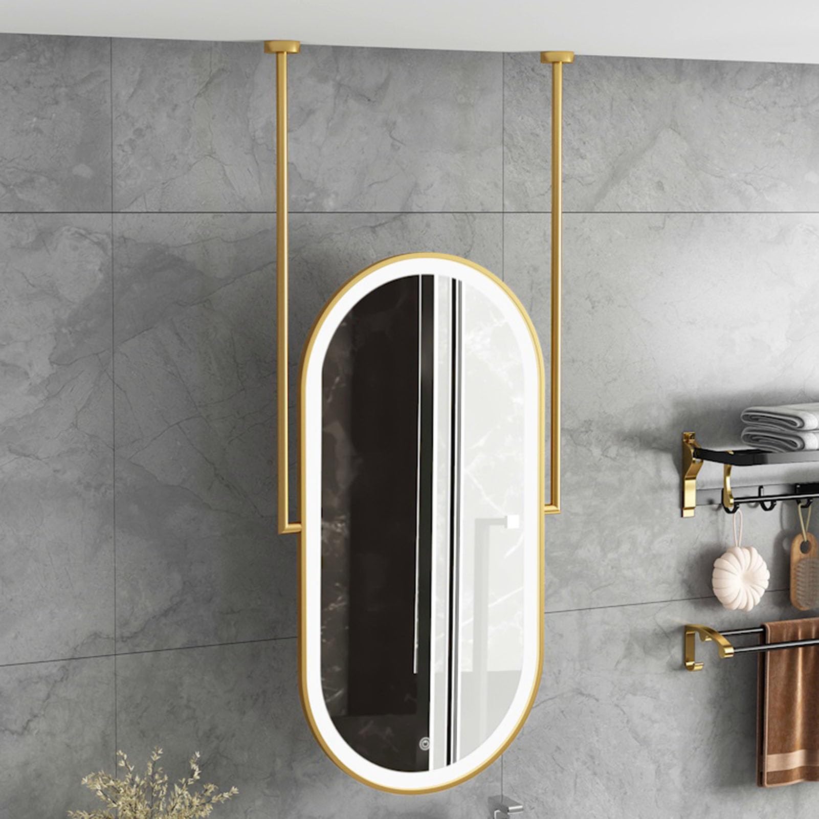 CGCSYZ Ceiling Mount Hanging Mirror With Gold Metal Frame And Hanging Rod, Bathroom Floating Wall Hallway Wall Decor Mirror For Bathroom Vanity (50cmx80cm)