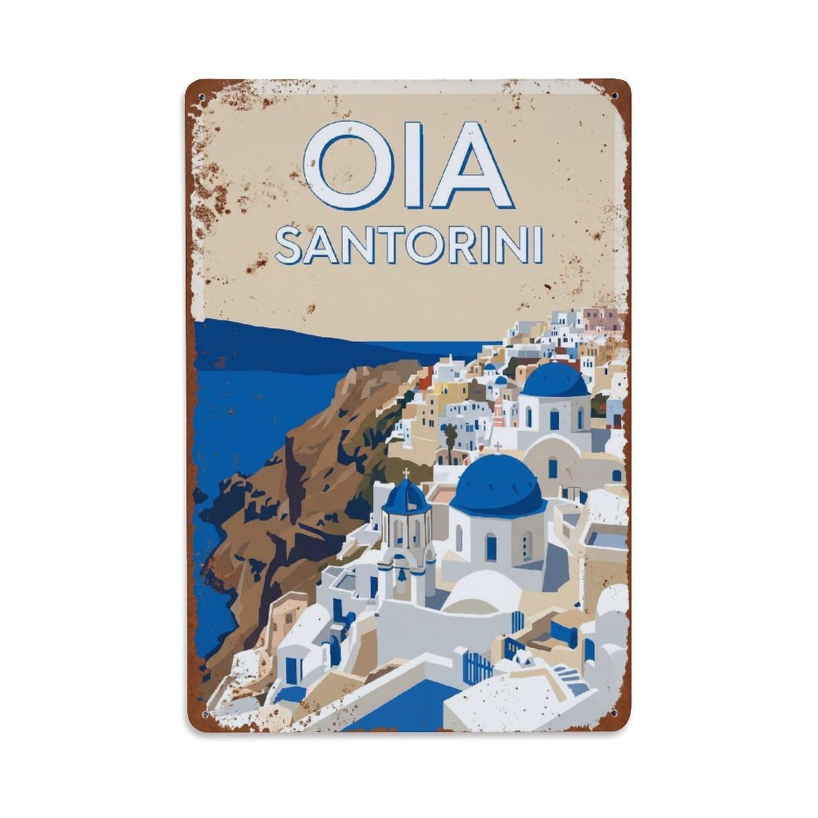 Fyrn Style Metal Tin Sign Vintage Travel Oia Greece Village