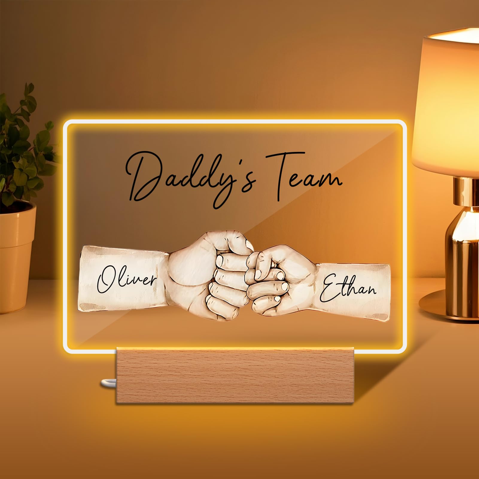 Personalised Fathers Day Gift, Custom Daddy's Team Fist Bump LED Night Light with 1-5 Kids' Names, Unique Presents for Dad, Grandpa, Husband | Daddy Gifts for Birthday, First Time Dad, Home Decor