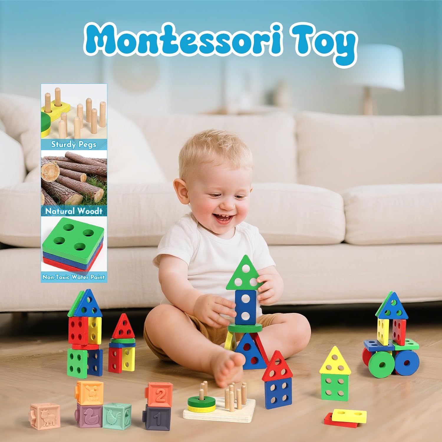 Baby Toys 18-36 Months, Montessori 7-in-1 Activity Set - Stacking Blocks, Infant Teething Toy & Sensory Bin, Baby Boys & Girls Gifts - Image 4
