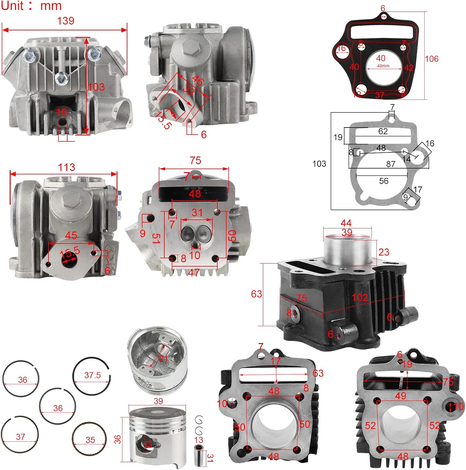 FLYPIG New Performance Big Bore 39mm Cylinder Rebuild Assembly Kit Cylinder Top End Repair Set Fit for Honda 50CC Z50 Z50R XR50 CRF50 Dirt Bike Go Kart