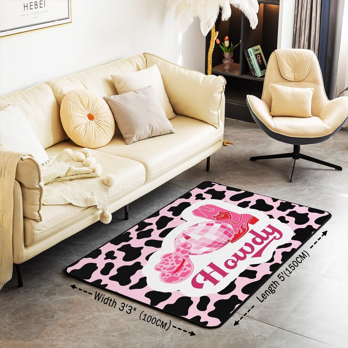 Feelyou Black Pink Western Area Rug 3x5 Kids Cowgirl Decorative Carpet for Boys Teens Disco Ball Cowboy Shoes Hat Western Living Room Rugs Cow Printed Indoor Floor Mat Room Decor