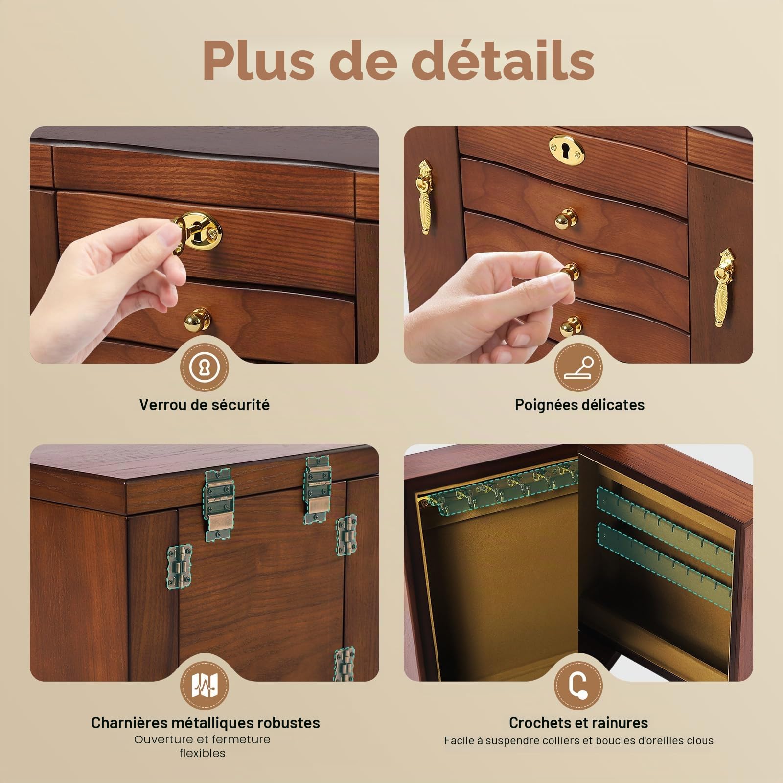 Boîte à bijoux rétro 5 couches en bois marron avec miroir et 4 tiroirs, grande capacité