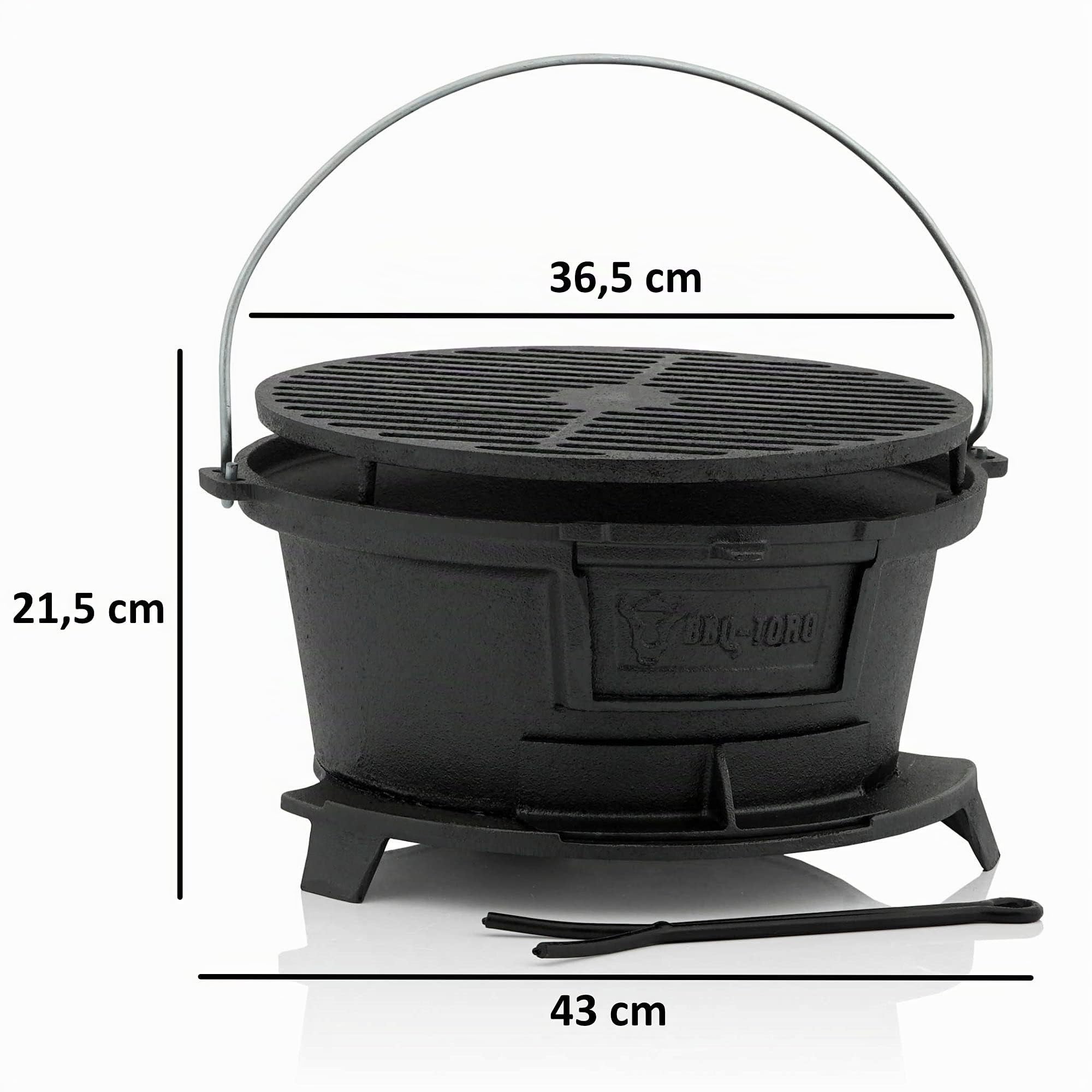 BBQ-Toro Pentola in ghisa con griglia | Hibachi Style Grill con sollevatore di griglia | Griglia a carbone da campeggio, pentola in ghisa, Dutch Oven Station ((B) 43 x (T) 42 x (H) 21,5 cm)