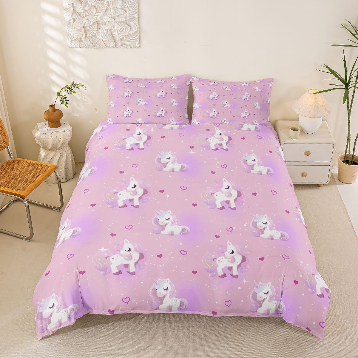Feelyou Pink Unicorn Duvet Cover Toddler Size Rainbow Bedding Set for Boys Girls Princess Castle Comforter Cover Bedroom Decor 2Pcs Zipper Closure with 1 Pillowcase (No Comforter)