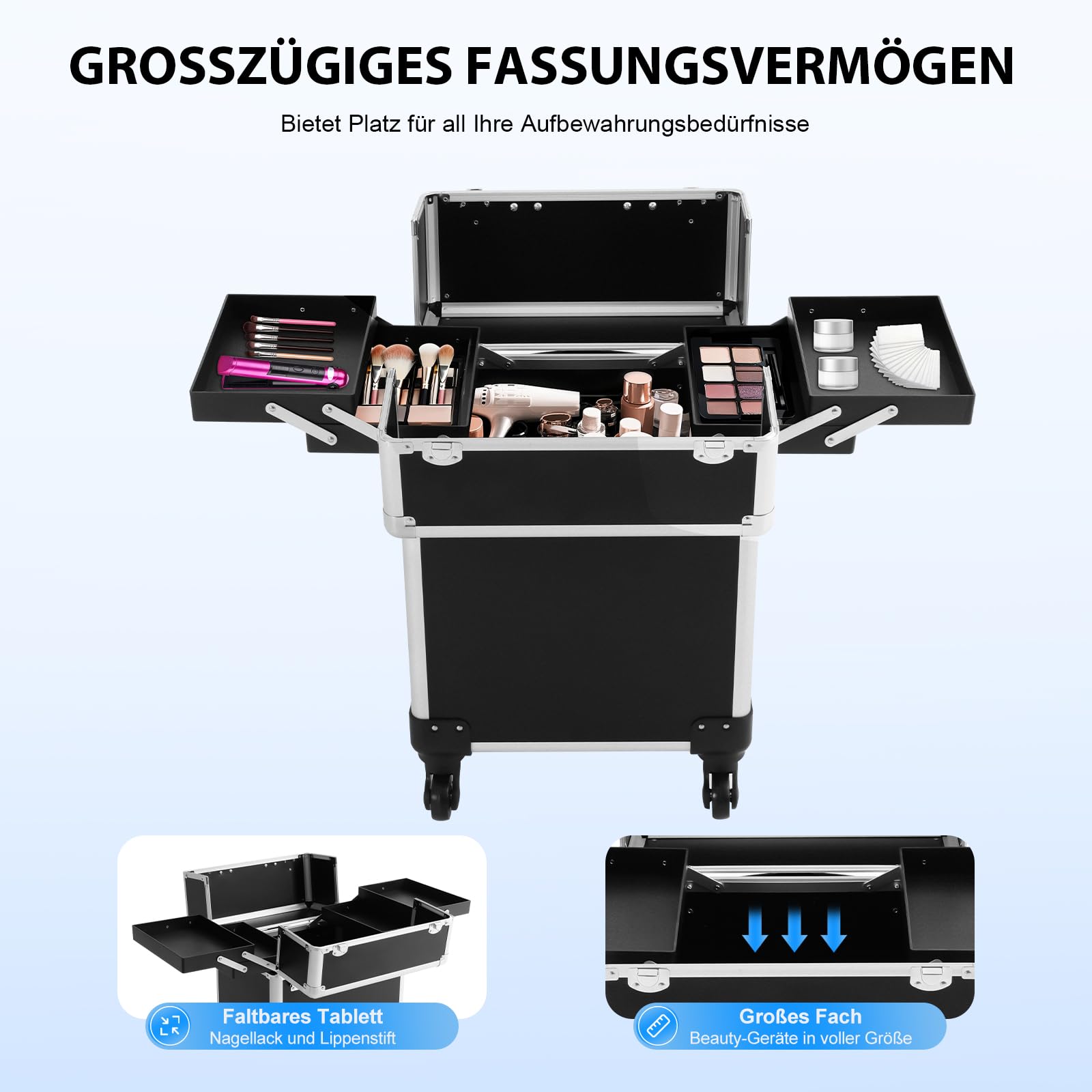 Kosmetikkoffer Trolley,Hartschale Schminkkoffer für Damen mit Rollen, Alu Beauty Case Nagelkoffer Multikoffer, Großer Stauraum & Robuste Konstruktion 34x24x47cm Schwarz