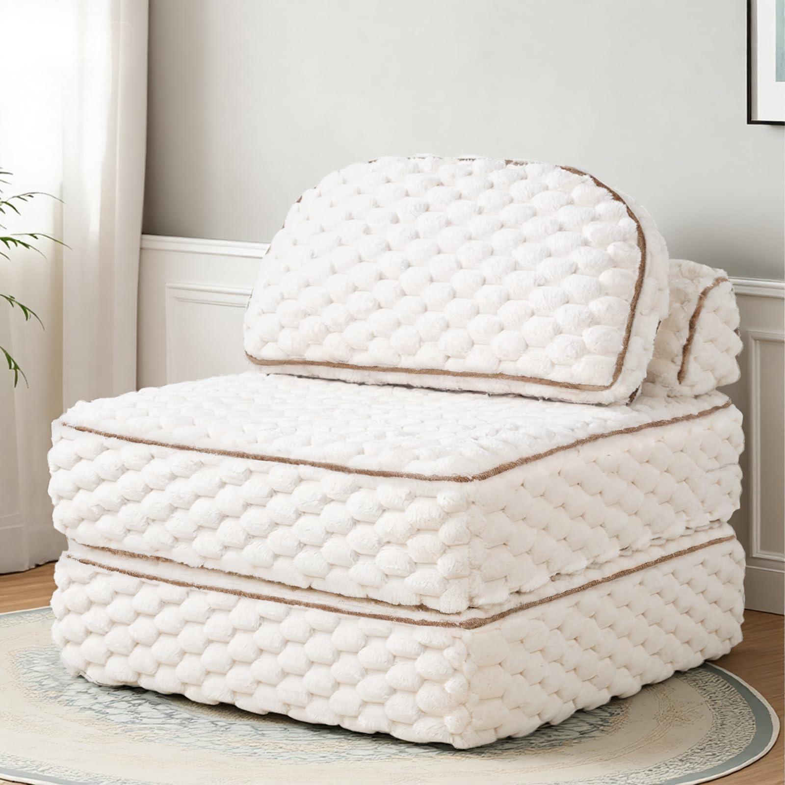 MALOL Folding Sofa Bed, 3-in-1 Convertible Sleeper Chairs with Pillow,Back Support, Fuzzy Fabric Floor Couch Bed for Adults, Boneless Couches Living Room, Bedroom, Apartment,Beige