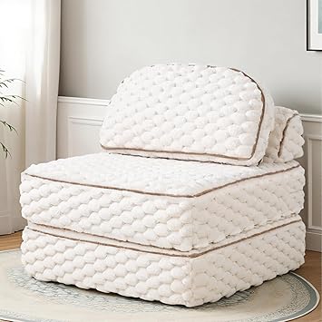 COLAMY Folding Sofa Bed, 3-in-1 Convertible Sleeper Chairs with Pillow,Back Support, Fuzzy Fabric Floor Couch Bed for Adults, Boneless Couches Living Room, Bedroom, Apartment,Beige