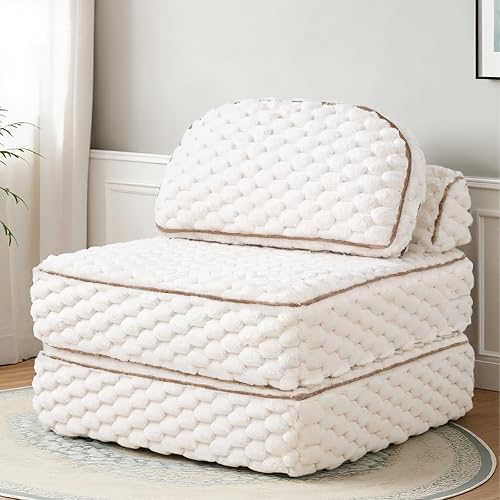 MALOL Folding Sofa Bed, 3-in-1 Convertible Sleeper Chairs with Pillow,Back Support, Fuzzy Fabric Floor Couch Bed for Adults, Boneless Couches Living Room, Bedroom, Apartment,Beige