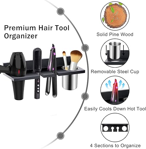 Miniatura 4 de Organizador de herramientas para el cabello montado en la pared, soporte de madera para secador de pelo, soporte para secador de pelo, soporte para