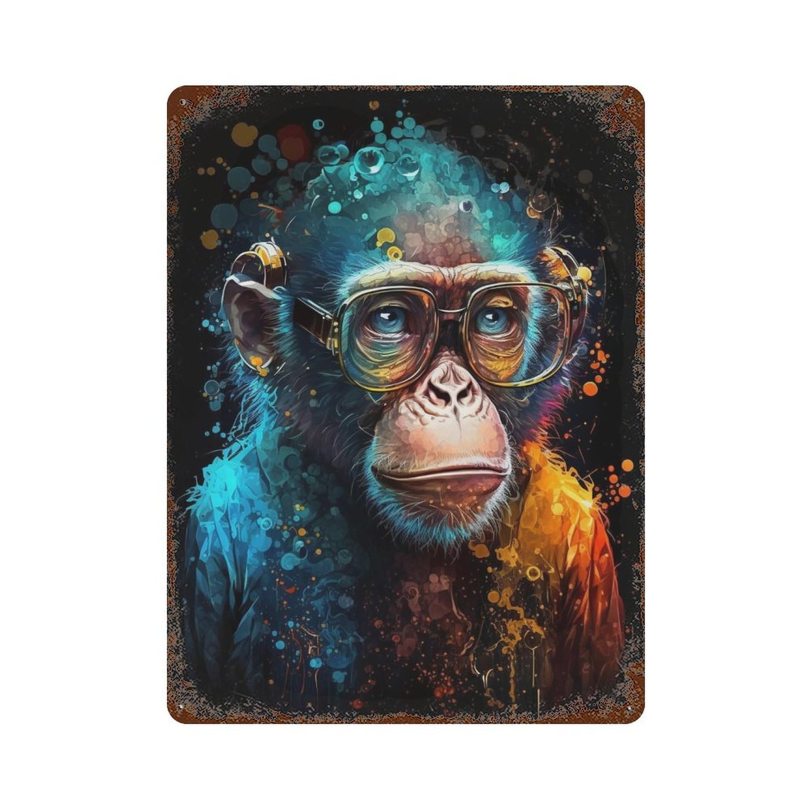 Garage Style Chimpanzee with Glasses Art Print Rustic Tin Plaque 15.7"x11.8", Vintage Wall Decor for Bar And Workshop