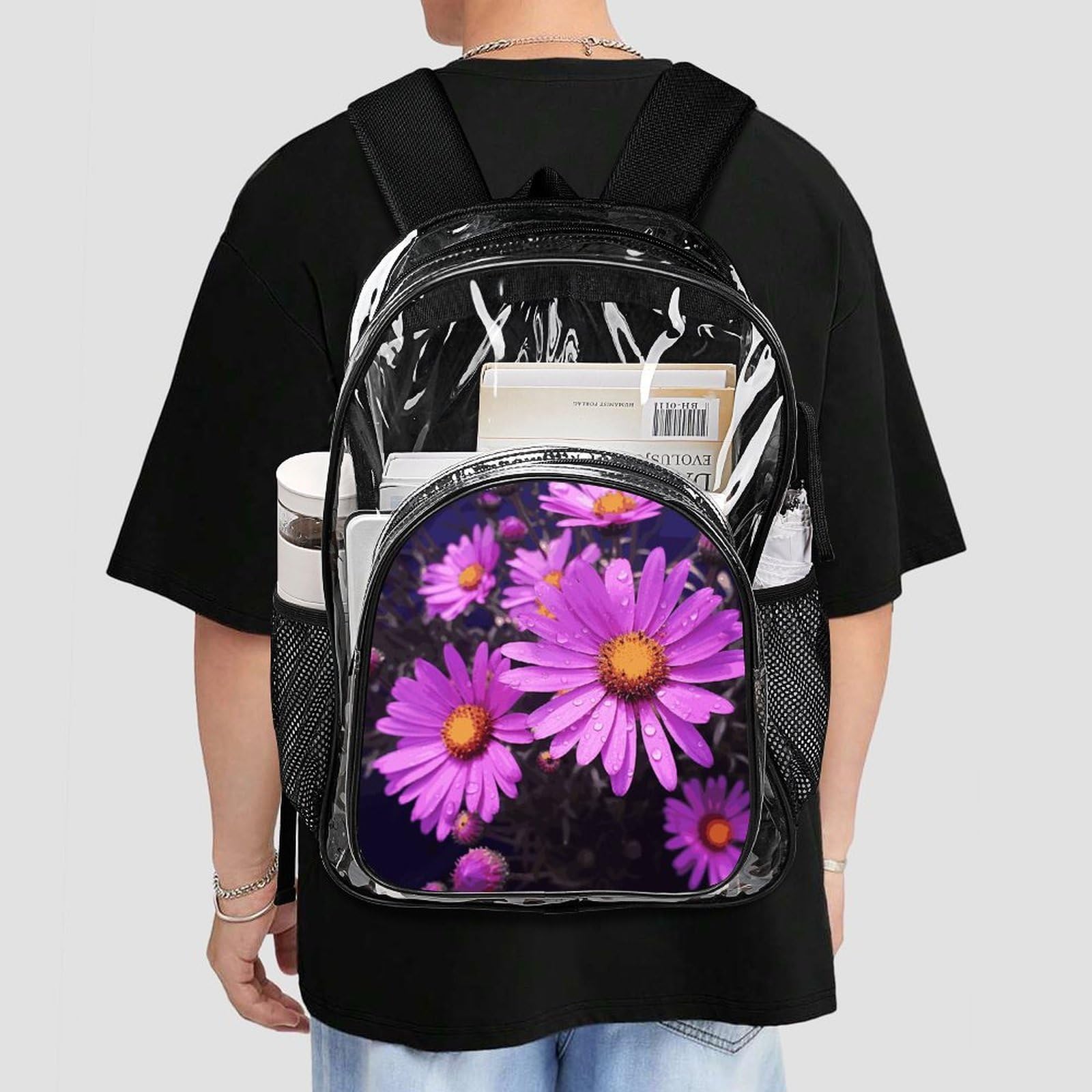 Summer Purple Flower - Zaino trasparente in PVC trasparente, per la sicurezza, il lavoro, i viaggi, lo stadio
