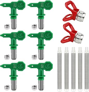6 Pcs Airless High Pressure Tips Reversible Spray Tip 2 Pcs Nozzle Tip Guards and 5 Pcs Airless Paint Spray Gun Filters for Sprayer Accessories 211, 313, 415, 515,517, 621