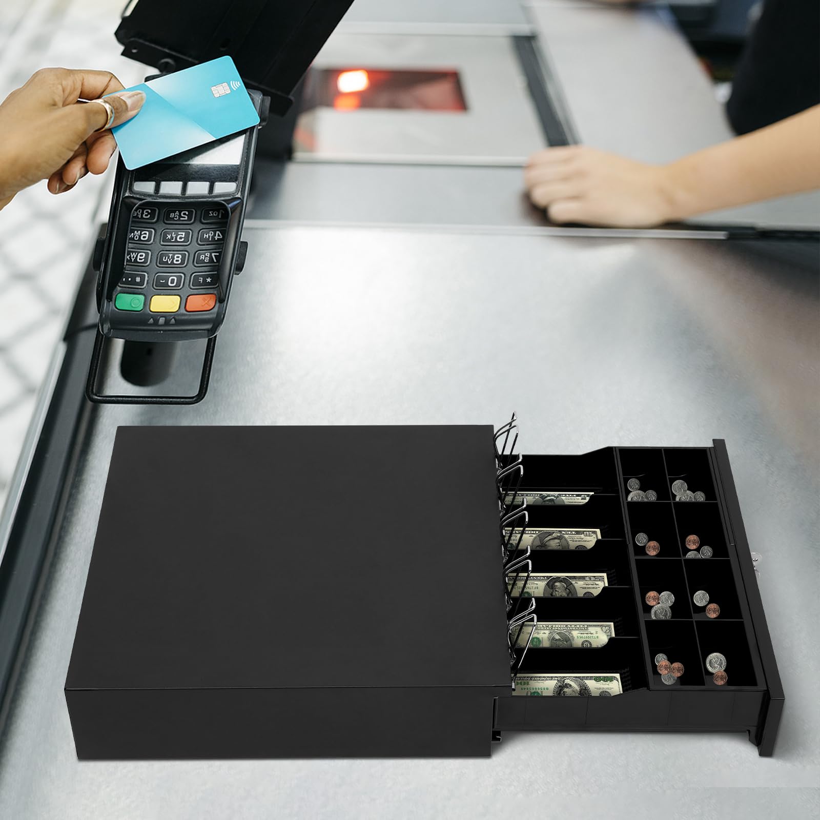 Caja de dinero con cerradura, cajón de efectivo Push con 8 compartimentos para monedas y 5 compartimentos para billetes, caja registradora con inserto RJ11, cajón de efectivo, caja registradora para